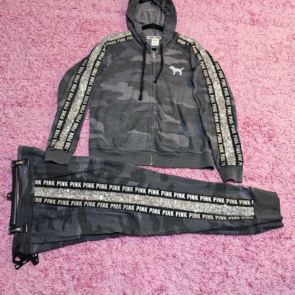 Victoria's Secret PINK Bling  Camouflage FZ Hoodie and Joggers Set